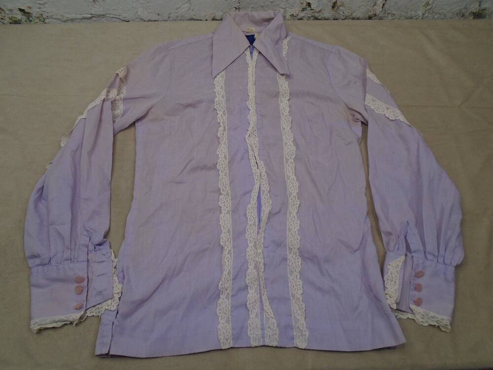 Vintage 70s Womens Panhandle Slim Full Zip Purple Shirt Lace Western Rodeo Sz S